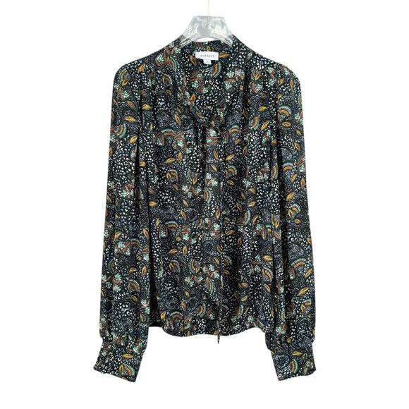 Evereve Charlie Neck Tie Teal Multicolor Printed Long Sleeve Chiffon Blouse - Picture 8 of 12